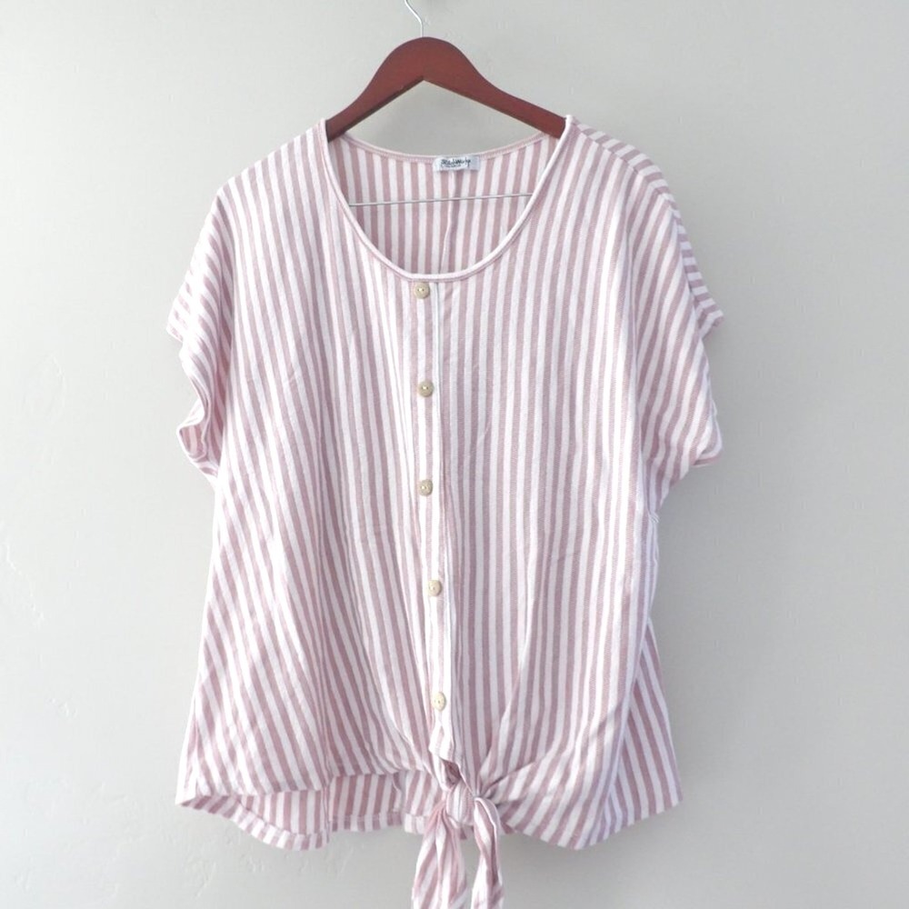 StitchWurks Striped Top Women XL Pink White Button Front Tie Knot Ribbed Knit